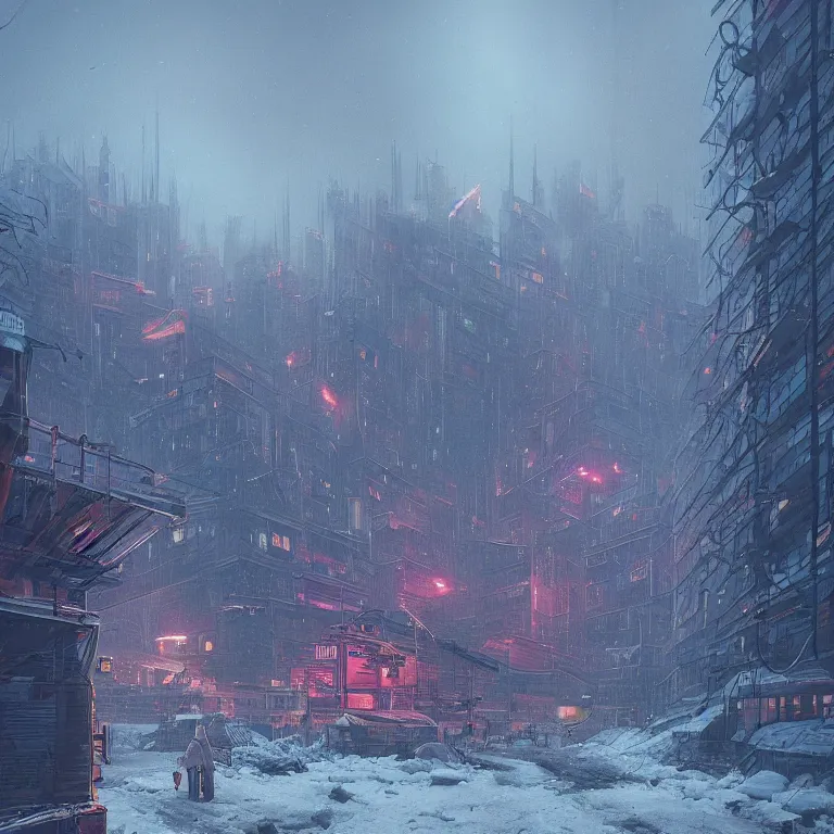 Prompt: cyberpunk depiction of the city of gdansk during arctic conditions by simon stalenhag