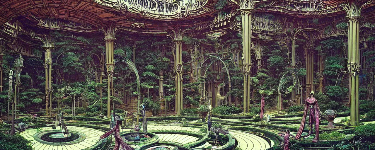 Image similar to a luxurious scifi futuristic victorian garden courtyard by killian eng, moebius, philippe druillet