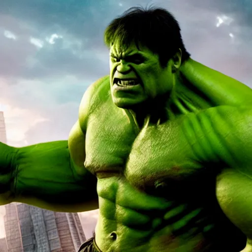 Prompt: film still of Nic Cage as Hulk in Avengers Endgame