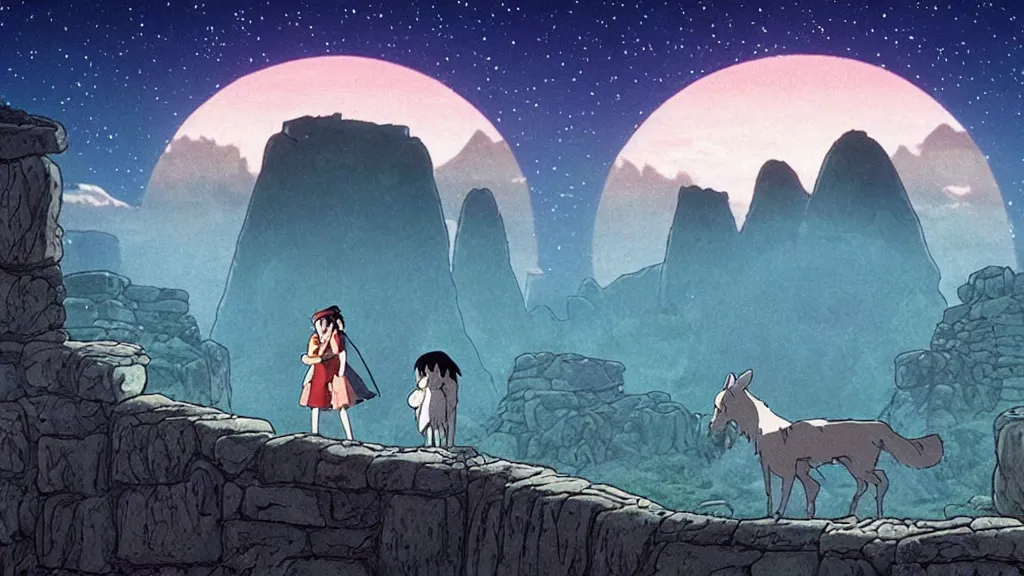 Prompt: a cell shaded cartoon movie still from princess mononoke ( 1 9 9 7 ) showing a chrome ufo over stonehenge. in the background is machu pichu on a misty and starry night. very dull muted colors, hd, 4 k, hq