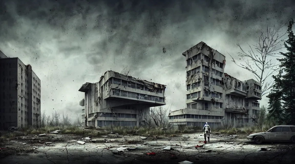 Prompt: post apocalyptic hospital building, featuring a big grey alien walking, morning, building, avenue, modern contemporary urban americana concrete architecture, by pascal blanche, neil blevins, apocalyptic color palette, trending on artstation, photorealistic, wilderness ambiance, ultra detailed, high definition, depth of field, bokeh, rubble, wild vegetation, blood stains, building crumbling