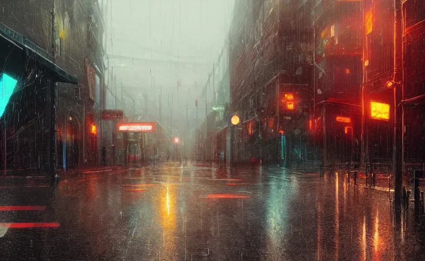 Image similar to A digital painting of a close-up view of a raining cyberpunk street, with four vending machines, some street lights and padestrians, by Ismail Inceoglu and Caspar David Friedrich, 4k, ue5, light effect, rtx on, realistic, cinematic, trending on artstation