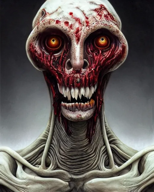 Image similar to Haunting horrifying hyperrealistic detailed painting of a tall slim surreal extraterrestrial creature made of bone texture, gelatinous goo oozing from mouth, heavy metal, and bloodshot eyeballs, hyper detailed, trending on Artstation