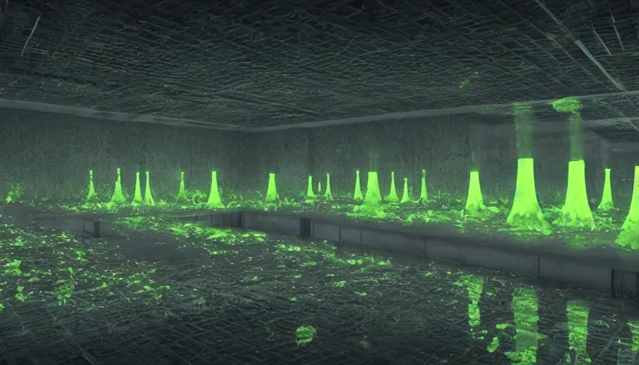 Image similar to Glowing Nuclear Waste Fluids Gush out of a Nuclear Facility, Dystopian, Hyperrealistic Rendering, Cinematic Lighting, High Contrast