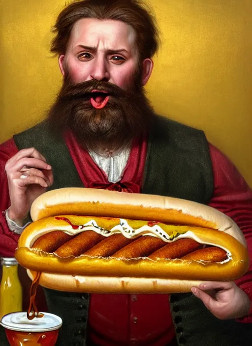 Prompt: large octoberfest invite card, bearded angry man eating delicious hot dogs, at a bar, mustard, ketchup, photoshoot, 4 k, hyper realistic, natural, highly detailed, digital illustration, trending in artstation, classical painting, smooth, sharp focus art by ilya repin