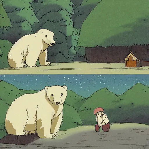 Prompt: Studio Ghibli animation of a polar bear and a butterfly, living in a small home in a forest, raining outside, by Hayao Miyazaki