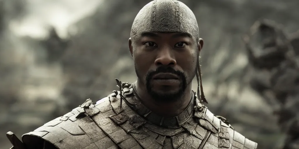 Image similar to a film still of a black man starring in a japanese blockbuster film as an ancient samurai, shallow depth of field, cinematic, award winning cgi, vfx, film still