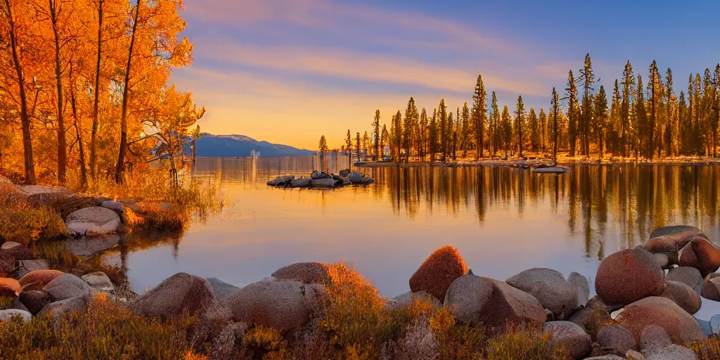 Prompt: serene view from the bank of Lake Tahoe in autumn with brightly colored trees, sunrise with slight fog over the water