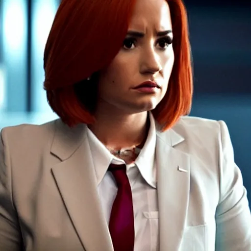 Image similar to close-up of Demi Lovato as Dana Scully in an X-Files movie directed by Christopher Nolan, movie still frame, promotional image, imax 35 mm footage