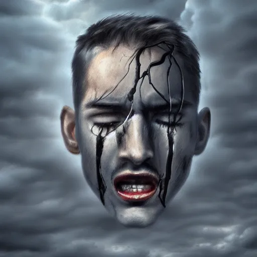 Image similar to a face in anguish coming out of the clouds, dark skies, ominous mood, breathtaking digital painting,