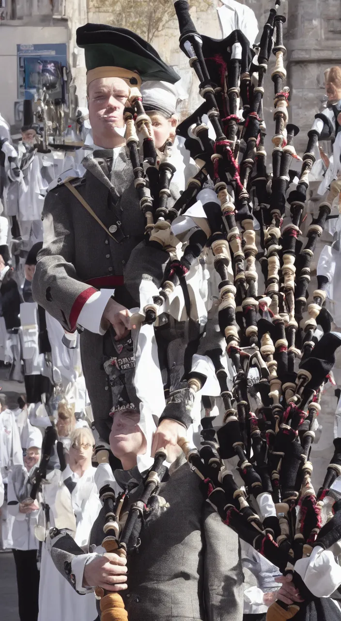 Prompt: a bagpipe with ceramic pipes shaped like a human larynx, in the style of an endoscopy, 8k,