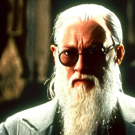 Image similar to Movie still of Albus Dumbledore in Matrix with shades