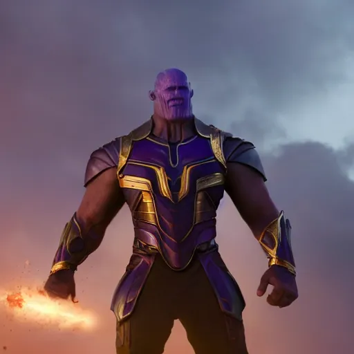 Image similar to bob odenkrik wearing thanos armour, cinematic lighting, hd 4k photo