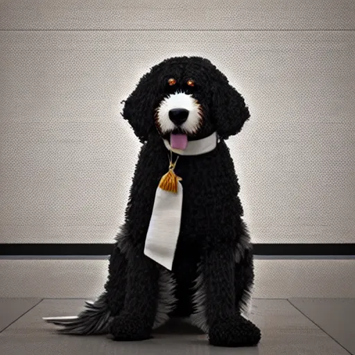 Image similar to a closeup photorealistic photograph of a cute smiling knitted bernedoodle judge dog dressed in a black gown, presiding over the courthouse. indoor image, professional capture, well lit shot. this 4 k hd image is trending on artstation, featured on behance, well - rendered, extra crisp, features intricate detail, epic composition and the style of unreal engine.