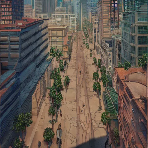 Image similar to A hyper real comic book style portait painting of downtown los angeles in the style of MC Escher, Maurits Cornelius Escher, unreal 5, hyperrealistic, octane render, cosplay, RPG portrait, dynamic lighting