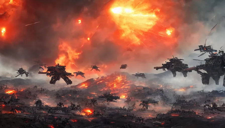 Image similar to Cinematic view of a huge battle with troops on the battlefield firing at giant robots, helicopters in the sky, fire and ashes, smoke columns, destruction, apocalypse, wide view, hyperdetailed, artstation, cgsociety, 8k