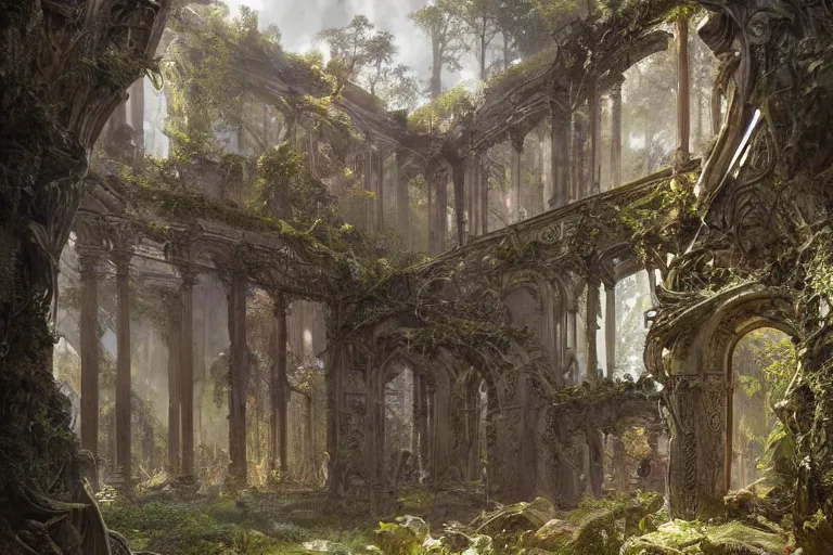 Prompt: painting of sacred ancient cursed ruins, forest, concept art, intricate details, eerie, highly detailed, photorealistic, octane render, 8 k, unreal engine. art by artgerm and greg rutkowski and alphonse mucha