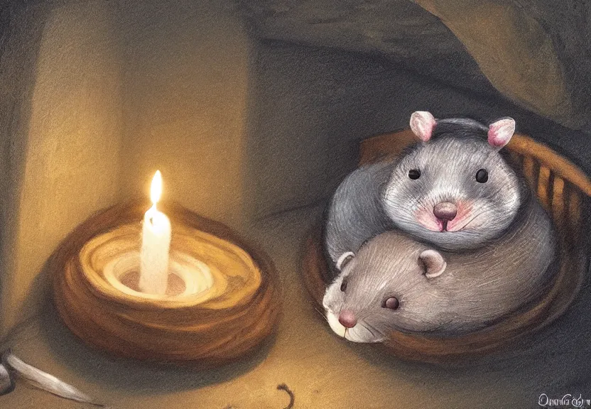 Image similar to cute hatted possum sleeping inside a bed in a medieval cluttered cottage at night under the dim light of a candle, dark fantasy, dreaming illusion, trending on artstation