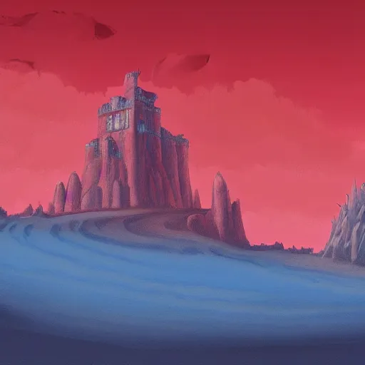 Prompt: digital painting of a castle on a red rock plateau painted by Nathan Fowkes for a Disney movie
