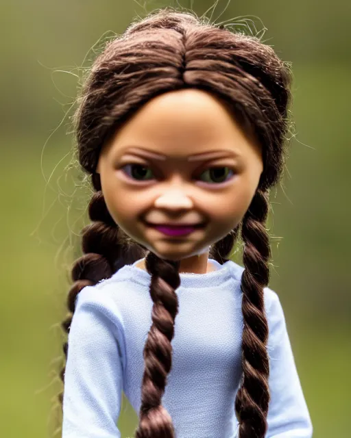 Image similar to high quality presentation photo of a cute greta thunberg barbie doll, photography 4k, f1.8 anamorphic, bokeh, 4k, Canon, Nikon