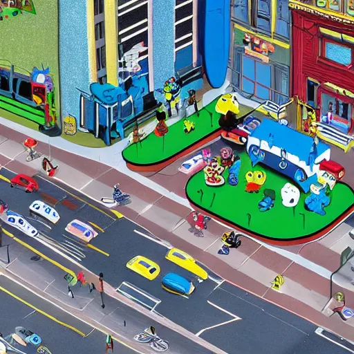 Prompt: drone shot of traffic on sesame street with muppets colorful cel shading, cookie monster, elmo, oscar the grouch