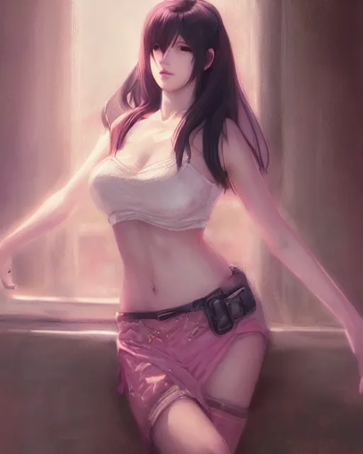 Prompt: tifa lockhart in pastel pink lace skirt, portrait, illustration, rim light, top light, perfectly shaded, soft painting, art by ross tran, krenz cushart and wenjun lin