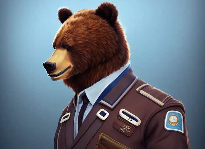 Prompt: character portrait feature of the anthro male anthropomorphic kamchatka brown bear fursona wearing airline pilot outfit uniform professional pilot for delta airlines character design stylized by charlie bowater, ross tran, artgerm, and makoto shinkai, detailed, soft lighting, rendered in octane