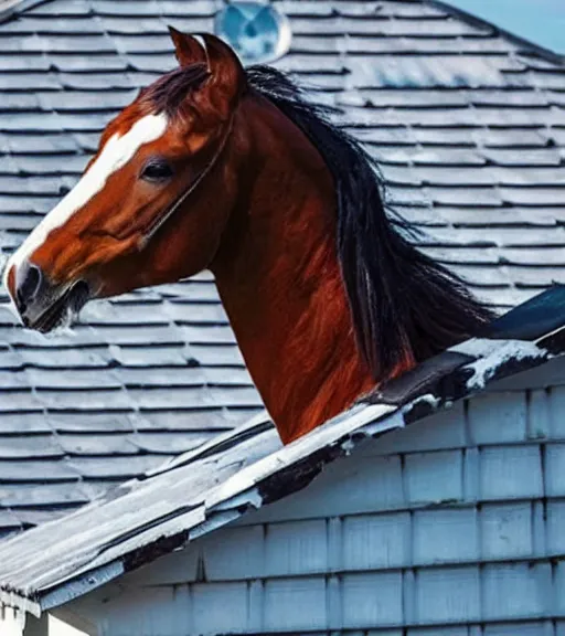 Image similar to low quality photo of a horse on the roof of a house