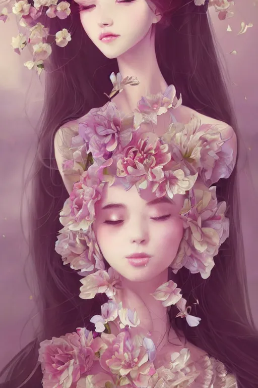 Image similar to romantic and fashion and love princess of the flower with sheath dress, 8 k realistic, teenager girl, baroque, symmetrical, flowing hair, smile, trending pinterest and pixiv, muted colors, hyperrealistic, l close up shot, character concept art, face by kyoung hwan kim, alexandra fomina, ilya kuvshinov