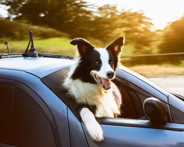 Image similar to border collie dog in the driver's seat of an orange nissan note, paws on wheel, car moving fast, rally driving photo, award winning photo, golden hour,