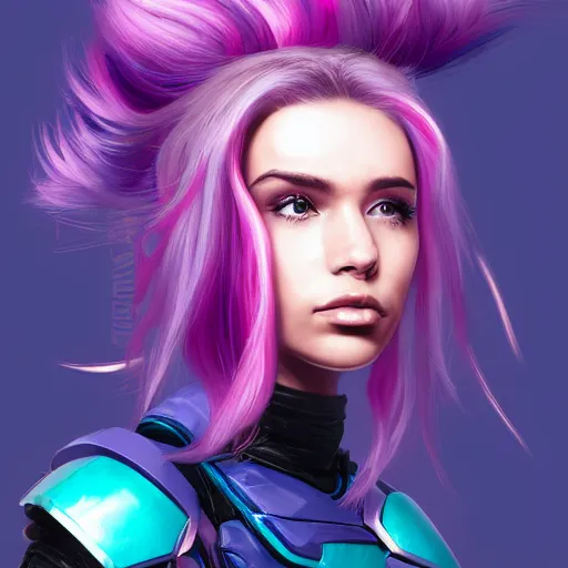 Image similar to a stunning upper body portrait of a beautiful young woman wearing futuristic navy blue and teal battle bodyarmor and pauldrons and ombre purple and pink hairstyle with hair blowing in the wind, by marvel comics, outrun, vaporware, highly detailed, fine detail, intricate, digital art, trending on artstation