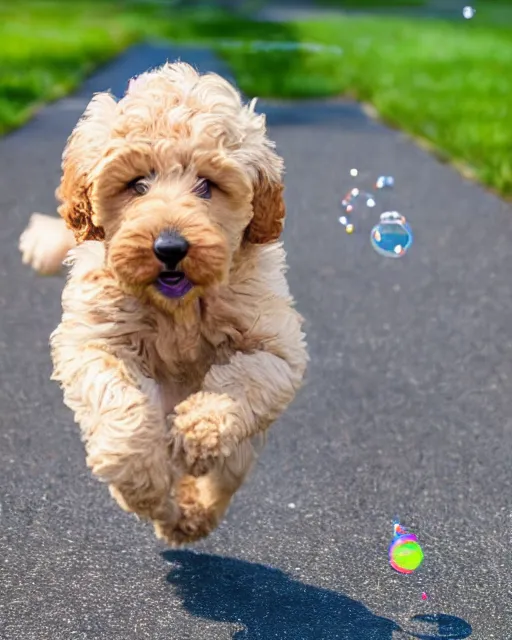 Image similar to stock photos of a golden doodle puppy chasing after a toddler who is blowing giant soap bubbles