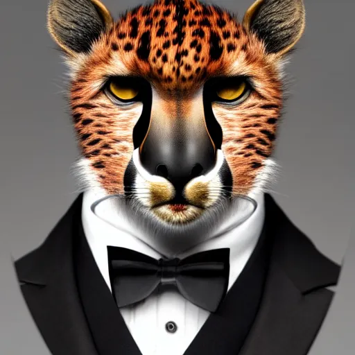 Prompt: a studio photograph of a red cheetah wearing a tuxedo suit,professional photography,studio lighting,studio photo,professional lighting,3 point lighting,dramatic,4k,detailed face,hyperdetailed,photorealistic,digital art,ultra realistic,ultra detailed,art by greg rutkowski