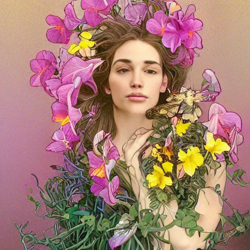 Prompt: a beautiful fine art portrait photo of a resting cyborg, wavy hair spread out, surrounded by hibiscus, daffodils, moth orchids, montsera leaves by alphonse mucha and zach sutton, soft lighting, very detailed, deep depth of field, artstation, 4K