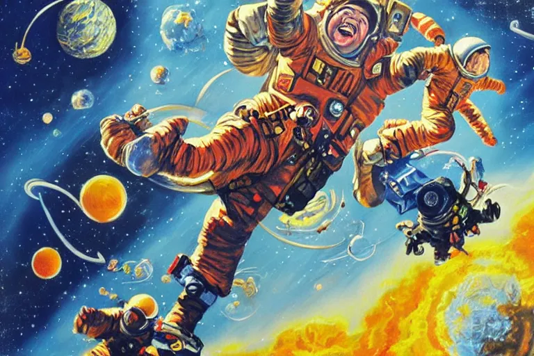 Prompt: a picture of a laughing family in space, a detailed action painting by mort kunstler, pixiv, kitsch movement, exploding earth in background, movie poster, official art