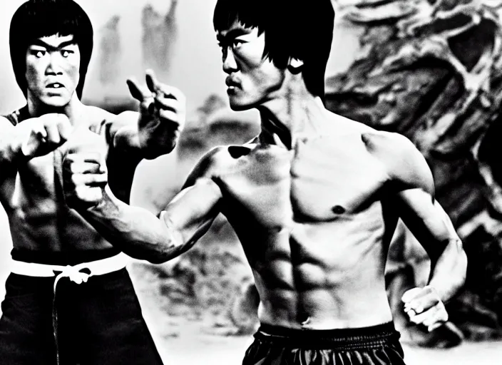 Prompt: Bruce Lee vs. a gigantic dragon, kung-fu film, vintage, martial arts, urban fantasy