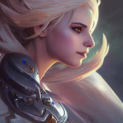 Prompt: Closeup of Mercy from Overwatch, D&D, fantasy, intricate, elegant, highly detailed, digital painting, artstation, concept art, matte, sharp focus, illustration, hearthstone, art by Artgerm and Greg Rutkowski and Alphonse Mucha