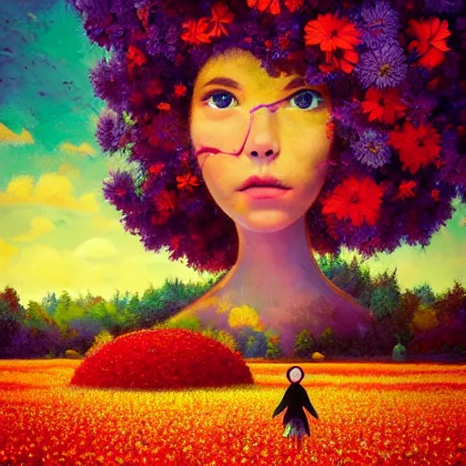 Image similar to girl with a giant flower as a face, surreal photography, dream, standing in flower field, hills, big trees, sunrise dramatic light, impressionist painting, colorful clouds, digital painting, pointillism, artstation, simon stalenhag, flower face