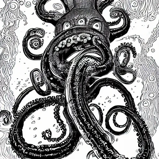 Prompt: A tentacle monster with faces of Mickey Mouse by Kentaro Miura, highly detailed, black and white