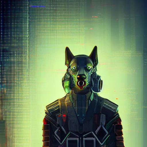 Prompt: cyberpunk humanoid german shepherd as the leader of a futuristic communist nation, cybernetics, sharp lines, digital, artstation, colored in