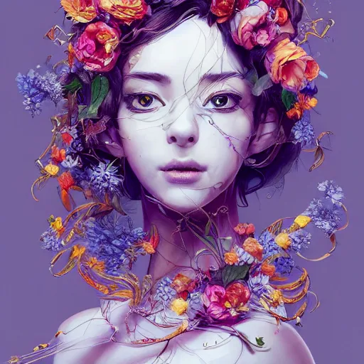 Image similar to the portrait of an absurdly beautiful, graceful, elegant, chaste, young woman made of petals looking up, an ultrafine detailed illustration by kim jung gi, irakli nadar, intricate linework, bright colors, octopath traveler, final fantasy, angular, unreal engine 5 highly rendered, global illumination, radiant light, detailed and intricate environment