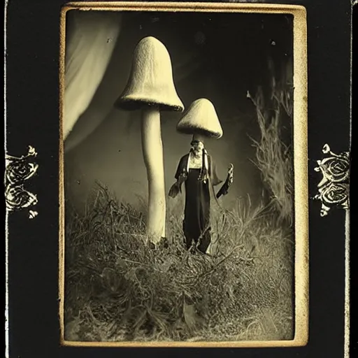 Prompt: Mushroom Temple Wizard with large magical spider legs by Ansel Adams Tintype 1800s