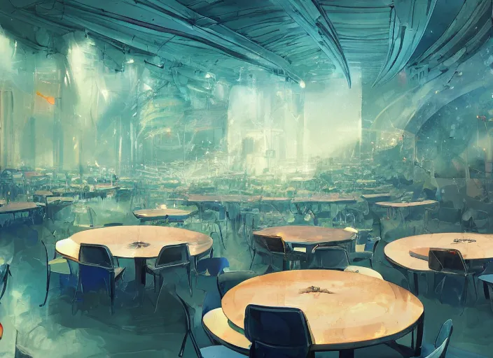 Image similar to cartoon background clean neat clarity professional visual development set design, large hall, people sitting on ten round tables, dim painterly lighting volumetric aquatics, impasto, trending on pixiv