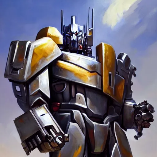 Image similar to greg manchess portrait painting of armored optimus prime as overwatch character, medium shot, asymmetrical, profile picture, organic painting, sunny day, matte painting, bold shapes, hard edges, street art, trending on artstation, by huang guangjian and gil elvgren and sachin teng