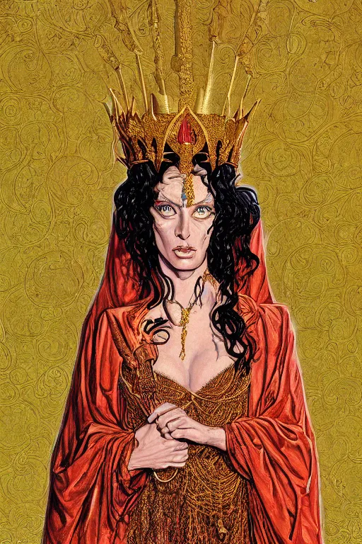 Image similar to Portrait of historically accurate, ancient biblical, sultry, sneering, evil, pagan, wicked, queen jezebel, wearing gilded robes, long hair, intricate, elegant, highly detailed, masterpiece, illustration, art by Jean Giraud, highly detailed, trending on artstation, award winning