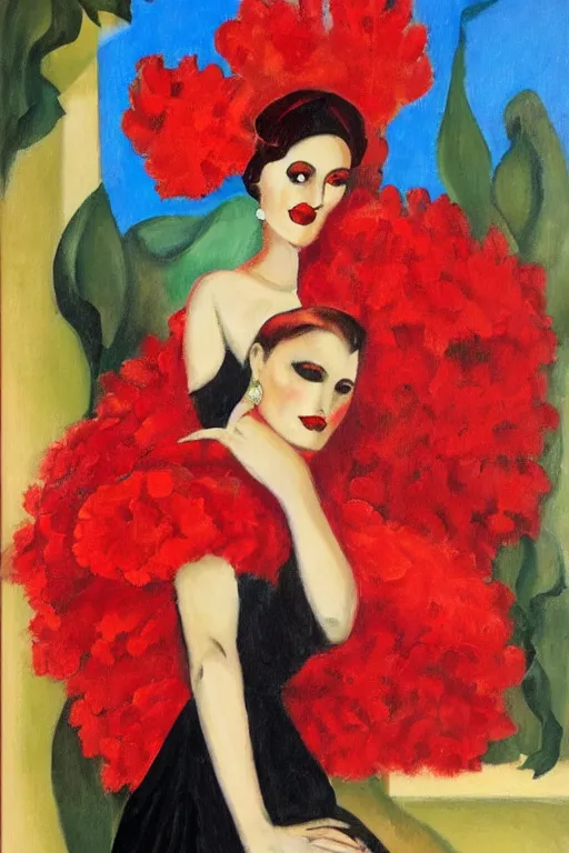 Image similar to spanish flamenco dancer in mallorca wearing a red dress made of flowers by artist tamara de lempicka