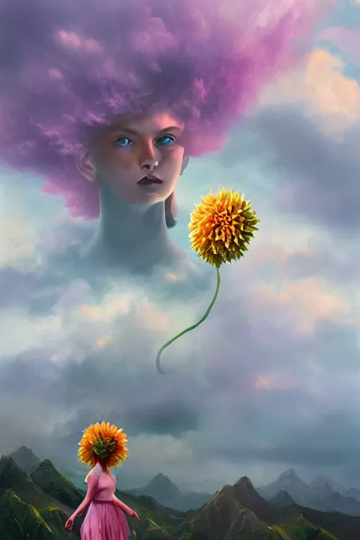 Prompt: closeup girl with giant dahlia flower as head, standing on mountain, surreal photography, blue storm clouds, dramatic light, impressionist painting, digital painting, artstation, simon stalenhag