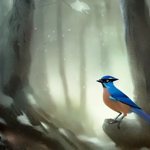 Image similar to eurasian jay bird, garrulus glandarius, arrendajo, in avila pinewood, 4 k, concept art, by wlop, ilya kuvshinov, artgerm, krenz cushart, greg rutkowski, pixiv. cinematic dramatic atmosphere, sharp focus, volumetric lighting, cinematic lighting, studio quality