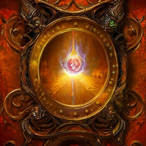 Image similar to a spell binding mirror, glowing magical symbols surrounding the mirror, epic mystical background by Keith Thompson and Christopher Bretz, highly detailed, digital painting, HDRI, vivid colors, high contrast, 8k resolution, intricate, photorealistic, smooth