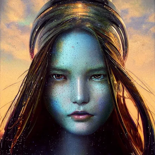 Prompt: 3 d, sci - fi, close - up, morning, smiling fashion model face, bright eyes, sun, cinematic, clouds, sun rays, vogue cover style, poster art, blue mood, realistic painting, intricate oil painting, high detail illustration, figurative art, multiple exposure, poster art, by tooth wu and wlop and beeple and greg rutkowski